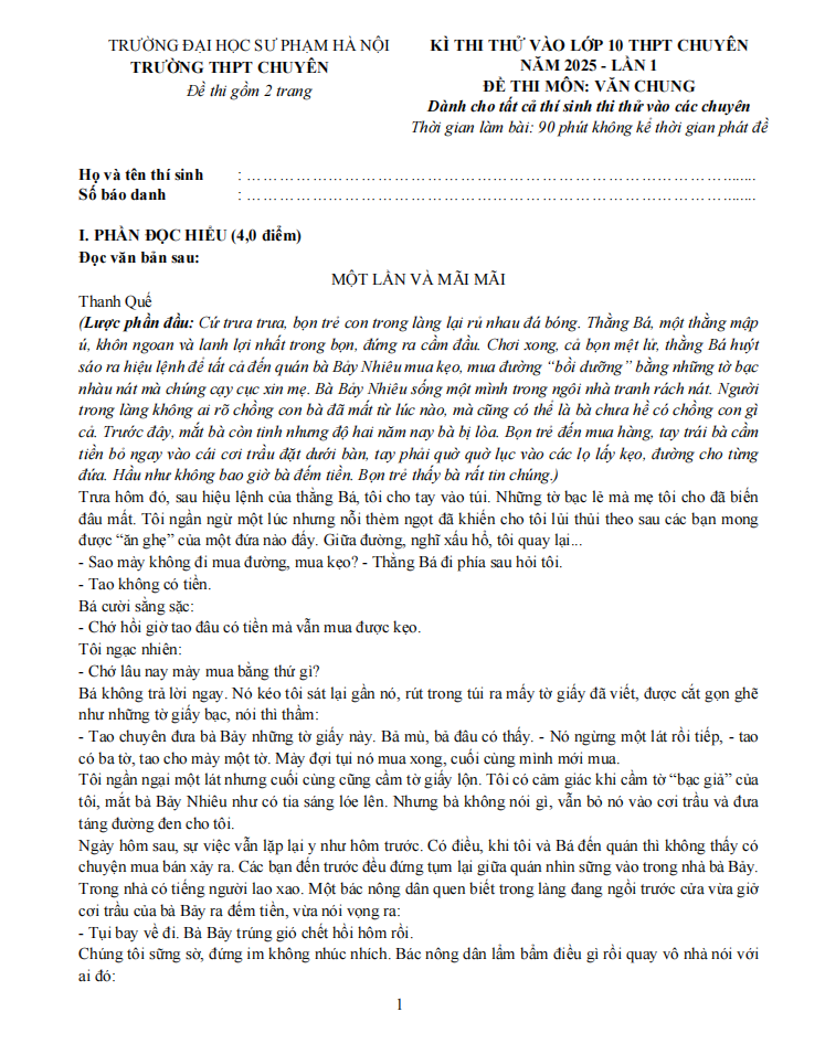Đề thi thử lớp 10 môn Văn của Trường THPT Chuyên Sư phạm năm 2025